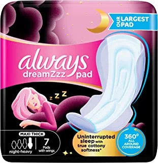 Always Dreamzz Pad Cotton Soft Maxi Thick, Night Long Sanitary Pads With Wings, 7 Count