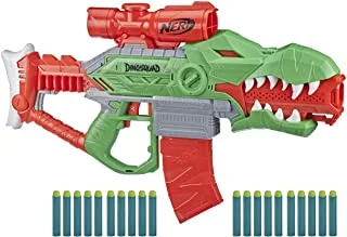 Nerf DinoSquad Rex-Rampage Motorized Dart Blaster ، 10-Dart Clip ، 20 سهم Nerf رسمي ، تخزين 10-Dart- تصميم T-Rex Dinosaur