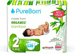 PureBorn عضوي / طبيعي بامبو للأطفال مقاس 2 حفاضات / حفاضات | عبوة اقتصادية ضخمة | من 3 إلى 6 كجم | 128 قطعة | ألوان متنوعة | فائقة النعومة | أقصى حماية من التسرب | أساسيات حديثي الولادة | صديقة للبيئة
