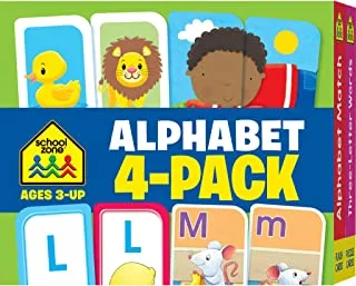School Zone - Alphabet Flash Cards 4 Pack - Ages 3 and Up, Preschool to Kindergarten, Lowercase and Uppercase Letters, Letter-Picture Recognition, Beginning Sounds, and More (Flash Card 4-pk)