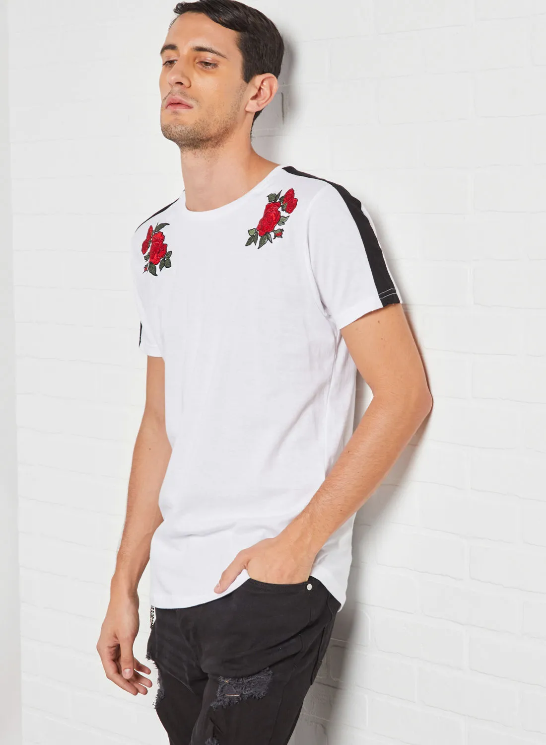 BRAVE SOUL Floral Embroidered T-Shirt Optic White