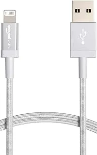 Amazon Basics USB-A to Lightning Charger Cable, Nylon Braided Cord, MFi Certified Charger for Apple iPhone 14 13 12 11 X Xs Pro, Pro Max, Plus, iPad, 3 Foot (1M), Silver