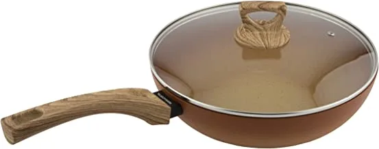 Al Saif Amercook Terracotta Non Stick Round Deep Frying Pan With Glass Lid,Colour: Orange,Size: 28cm