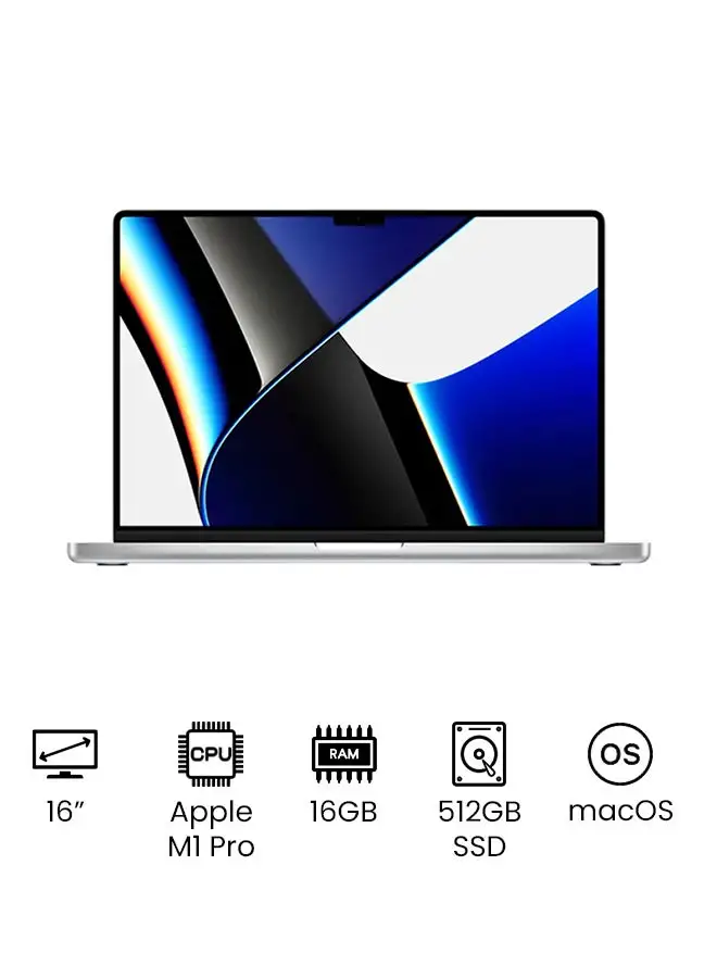 Apple MacBook Pro MK1E3 16-Inch Liquid Retina XDR Display Apple M1 Pro Chip With 10-Core CPU And 16-Core GPU/16GB RAM/512GB SSD/English And Arabic Keyboard Silver