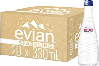 evian Sparkling Carbonated Natural Mineral Water 330ml Glass Bottle, Case of 20 Bottles, Naturally Filtered Drinking Water, Sparkling Water Crafted by Nature
