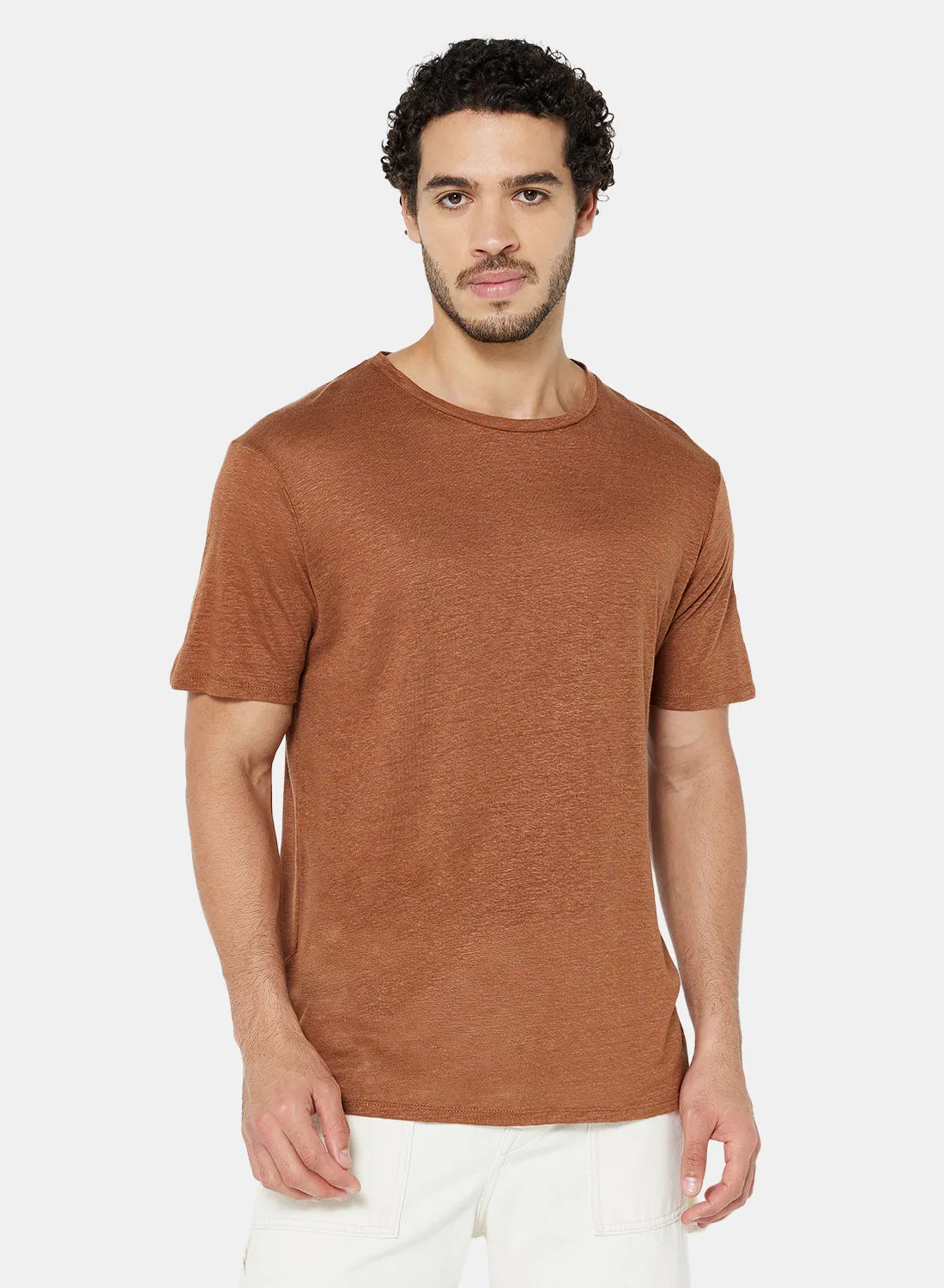 MANGO Crew Neck Linen T-Shirt Terracotta
