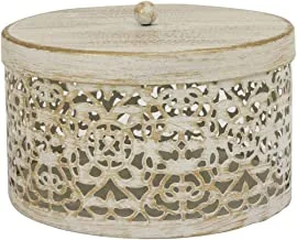 Home Town Decorative Round Box Metal White Brush Candle Holder,15X10 cm