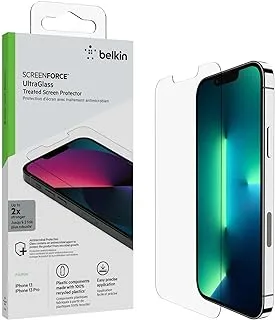 واقي شاشة Belkin iPhone 13 و iPhone 13 Pro من الزجاج الفائق ، معالج مضاد للميكروبات ، سهل التطبيق خالٍ من الفقاعات مع صينية توجيه مضمنة ، شفاف