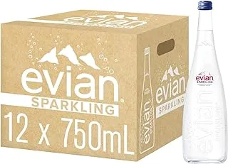 evian Sparkling Carbonated Natural Mineral Water 750ml Glass Bottle, Case of 12 Bottles, Naturally Filtered Drinking Water, Sparkling Water Crafted by Nature