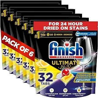Finish Lemon Sparkle Powerball Quantum Ultimate Dishwasher Detergent Tablets for Ultimate Clean & Shine, 32 Tabs (Pack of 6)