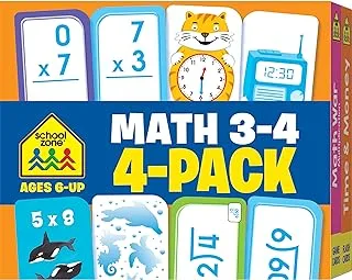 School Zone - Math 3-4 Flash Cards 4 Pack - Ages 6 and Up, 3rd Grade, 4th Grade, Multiplication, Division, Time and Money, and More (Flash Card 4-pk)