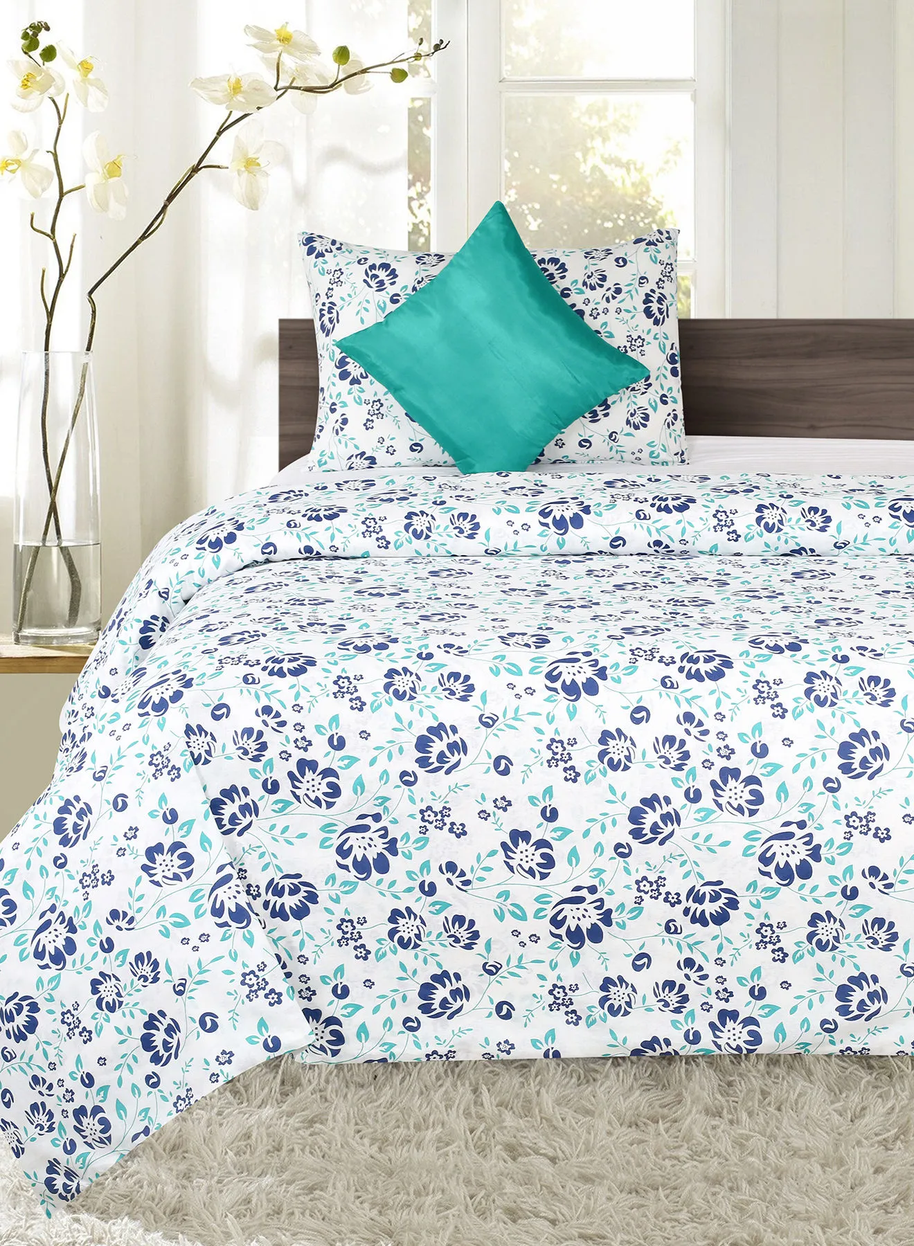 Amal Duvet Cover - With Pillow Cover 50X75 Cm, Comforter 150X210 Cm, 40X40 - For Twin Size Mattress - Blue/White/Green Microfiber Duvet - 100% Cotton 144 Thread Count