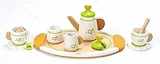 مجموعة لعب شاي هيب لشخصين خشبيين لحفلات الشاي | مجموعة شاي لعب التظاهر الخشبية للأطفال ، تشتمل مجموعة ملحقات المطبخ على كوبين وصحون وملاعق وصينية تقديم