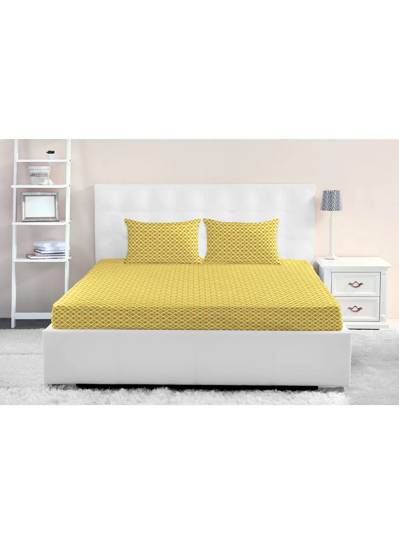 Amal Fitted Bedsheet Set King Size High Quality 100% Cotton Percale 144 TC Light Weight Everyday Use 1 Bed Sheet And 2 Pillow Cases Printed Yellow