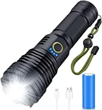 Rechargeable Led Flashlights High Lumens, 90000 Lumens Super Bright Tactical Flashlight with 5 Light Modes and 26650 Battery Zoomable Waterproof Flashlight for Hiking Camping Cycling (Black)