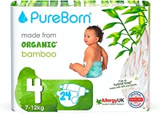 PureBorn Organic/Natural Bamboo Baby Disposable Size 4 Diapers/Nappy |Single Pack| from 7 to 12 Kg | 24 Pcs |Assorted Prints|Super Soft|Maximum Leakage Protection|New Born Essentials|