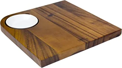 Billi Wooden Serving Board with 1pc Ceramic Dip Bowl, Steak Plate Food Platter Brown/White ACA-RCB1S
