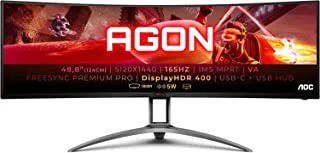 AOC AGON AG493UCX2 - شاشة ألعاب منحنية QHD ثنائية 49 بوصة ، 165 هرتز ، VA ، 4 مللي ثانية ، ضبط الارتفاع ، USB Hub ، Free Sync Premium Pro ، مكبرات الصوت (5120 x 1440400 cd / m² ، HDMI 2.0 / DP 1.4 / USB-C / USB 3.2)