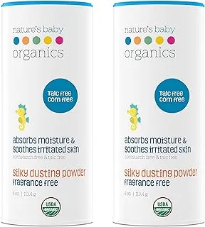 Nature's Baby Organics USDA Silky Dusting Powder, Fragrance Free, 4 oz. Skin Relief - Babies, Kids, Adults! Gentle, Soft for Body Chafing, Organic & Natural, No Synthetics, Preservatives, Corns