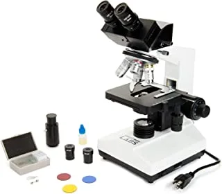 Celestron CB2000C Compound Binocular Microscope 40x 2000x Power Mechanical Stage 4 Fully Achromatic Objectives Abbe Condenser 10x And 20x Eyepieces Coaxial Focus 10 Prepared Slides 3 Color Filters