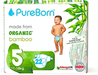 PureBorn Organic/Natural Bamboo Baby Disposable Size 5 Diapers/Nappy |Single Pack| from 11 to 18 Kg | 22 Pcs |Assorted Colors|Super Soft|Maximum Leakage Protection|New Born Essentials|Eco Friendly