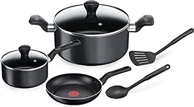 TEFAL Cookware Set of 7 Pieces | Super Cook | saucepan 18 cm+lid/stewpot 24 cm/frypan 24 cm/spoon/slotted spatula | Non-Stick with Thermo Signal | Aluminium | Black | 2 Years Warranty | B143S744