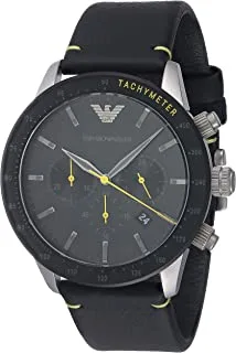 Emporio Armani Men's Black Dial Leather Band Quartz Chronograph Watch, Silver/Black