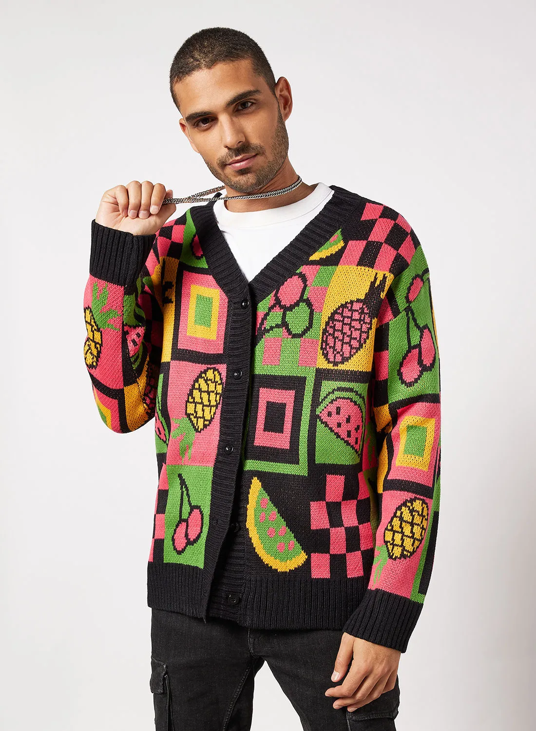 Vintage Supply Fruit Checkerboard Cardigan Black