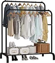 SHOWAY Clothing Double Rod Garment Rack with Shelves, Metal Hang Dry Clothes Rack for Hanging Clothes,with Top Rod Organizer Shirt Towel Rack and Lower Storage Shelf for Boxes Shoes Boots (black)