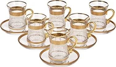 ABKA Turkey Vintage Turkish Tea Glasses Cups Set of 12 for Party - (Arabic tea cups) 12PCS ISTIKAN CUP SET GOLD SERA, Clear/Silver