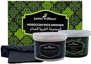 Jardin D Oleane Moroccan Pack Hammam Olive Oil (Moroccan Black Soap Olive Oil 80g, Ghasoul Powder 100g, Loofah)