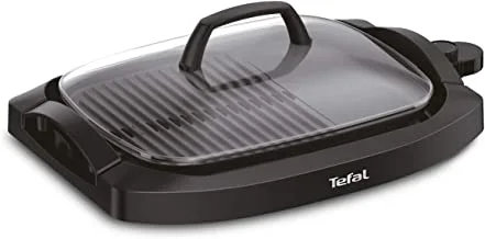 TEFAL Plancha Electric | Smokeless Grill With Lid | Adjustable thermostat | 2000W | 2/3 grill and 1/3 flat plate| Healthy cooking | Plastic/Steel | Black | 2 Years Warranty |CB6A0827
