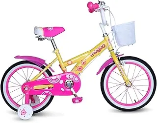 Mogoo Verona Kids Road Bike With Basket for 4-6 Years Old Girls, Adjustable Seat, Handbrake, Mudguards, Reflectors, 16-Inch Bicycle with Training Wheels, Yellow Color, Gift for Kids