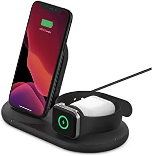 Belkin 3 in 1 Wireless Charging Station, 7.5W Wireless Charger for iPhone, Apple Watch and AirPods, Wireless Charging Dock, iPhone Charging Dock, iPhone 15, 14, 13, Apple Watch series 9, 8, 7 - Black