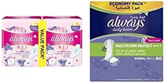 Always Skin Love Pads, Lavender Freshness, Thick & Large, 48 Count + Always Daily Liners Comfort Protect Normal Fresh Scent Multiform Protect 60 count
