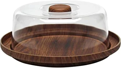 Evelin Cake Stand With Dome Cover 1 Set Wooden Multi Functional Serving Platter And Cake Plate Home Kitchen Wood Food Tray With Glass Cover, Brown, 10286M