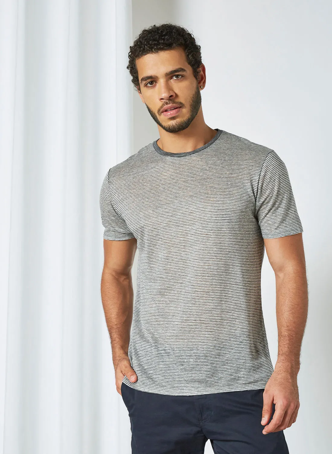 MANGO Striped Linen T-Shirt Mid-Grey