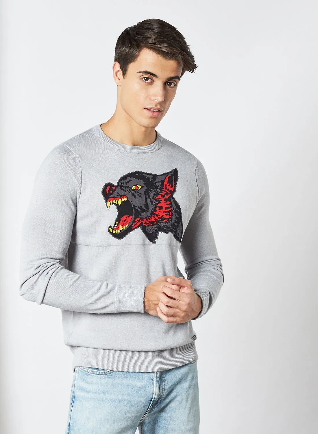 BRAVE SOUL Front Graphic Sweater Grey Marl