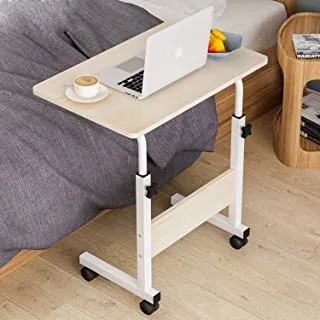 60×40cm Side Table Movable Side Desk with Bookshelf Casters Student Desk Height Adjustable Computer Stand Portable Workstation Snack Table for Bed and Couch, Beige
