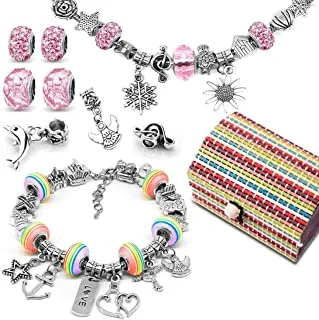 Mumoo Bear Jewellery Making Kit For Girls, Bracelet Making Kits With Charms Pendants Rainbow Silver Plated Beads Chains For Jewellery Making, Arts And Crafts Sets For Kids Friendship Age 8-12