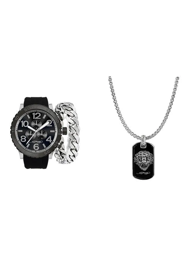 Ed Hardy Men Analog Stainless Steel Watch With Matching Necklace And Bracelet 9749S-42-G02