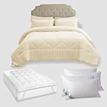 DONETELLA Hotel Style Super Saver Package - Includes -King Size-6 Pcs Comforter Set White +Mattress Topper(200x200+8cm)+4 Pillows(1000 gram) (Cream) (لباد فندقي قطن, طقم لحاف سرير فندقي)