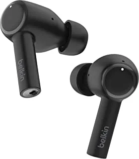 سماعات أذن بلكين SoundForm ™ لإلغاء الضوضاء ، وسادات أذن لاسلكية مع علبة شاحن لاسلكي وثلاثة ميكروفونات لكل سماعة أذن - سماعات بلوتوث مقاومة للماء IPX5 لأجهزة iPhone و Samsung - أسود