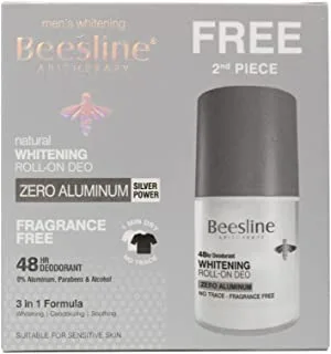 Beesline Natural Whitening Roll On Deodorant Zero Aluminum Fragrance Free Silver Power 2x50ML (1+1 Free)