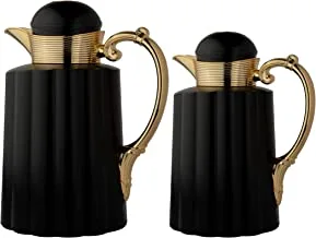 Al Saif 2 Pieces Coffee And Tea Vacuum Flask Set 0.7,1.0 Liter Color: BODY & COVER MATT BLACK OTHER PARTS GOLD