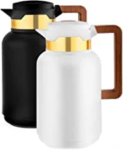 Double Wall Vacuum Jug with Wooden Handle, 1L, RF10172 | Thermal Insulated Airpot | Keep Drinks Hot/Cold | Asbestos-Free Pink Glass Inner | Portable & Leak Proof Thermal Flask
