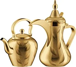 Al Saif Golden Plated Marhaba Series Taima Leaves Design Etching Pattern Dallah and Tea Pot Set, Large