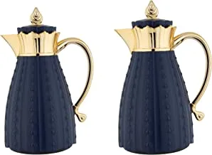 Al Saif 2 Pieces Coffee And Tea Vacuum Flask Set 0.7,1.0 Liter Color: BODY & COVER MATT DARK BLUE OTHER PARTS GOLD