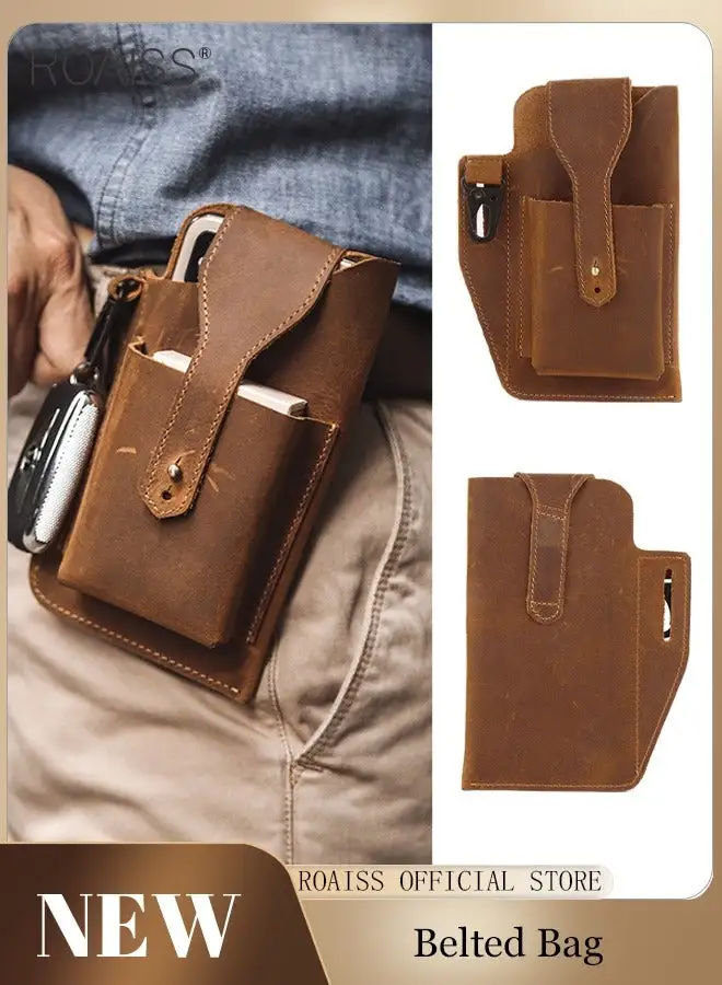 roaiss Men'S Retro Leather Waist Bag Leather Mobile Phone Bag Sports Tactics Waist Bag Belt Bag