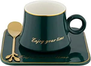 Al Saif Saucer, Steel Spoon and 90cc Tea Cup Coffee Set 18-Pieces, Green Glaze
